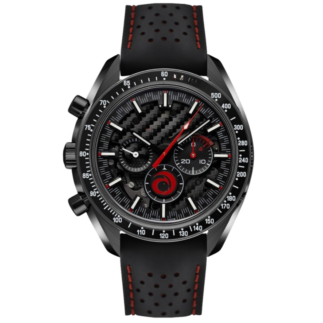 Dark Chronograph 44 – Black Skeleton Dial with Red Accents | Black Case & Black Rubber Strap