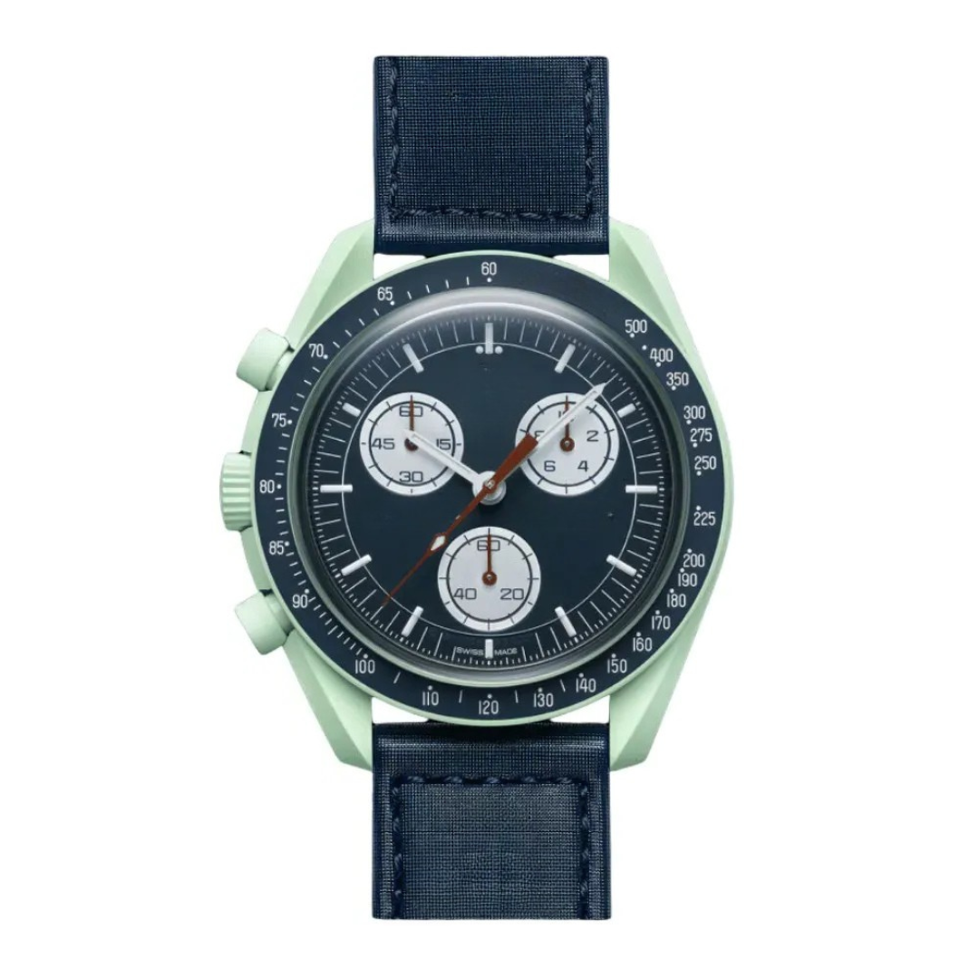 Chronograph 42 – Blue & Green Dial | Sand Tone Case & Blue Fabric Strap & Tachymeter Bezel