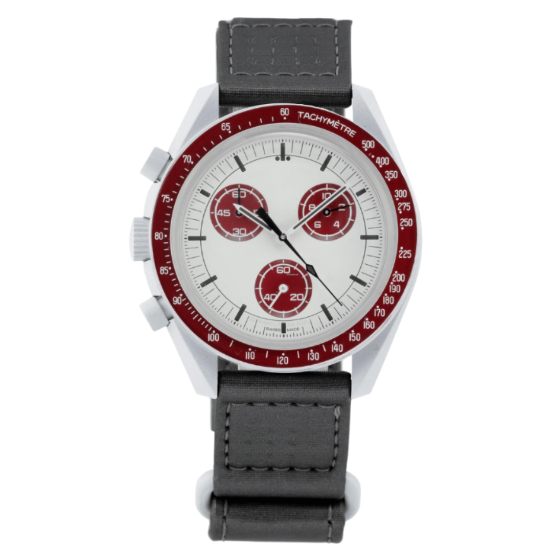 Chronograph 42 – White Dial with Red Accents | Red Case & White Strap & Tachymeter Bezel