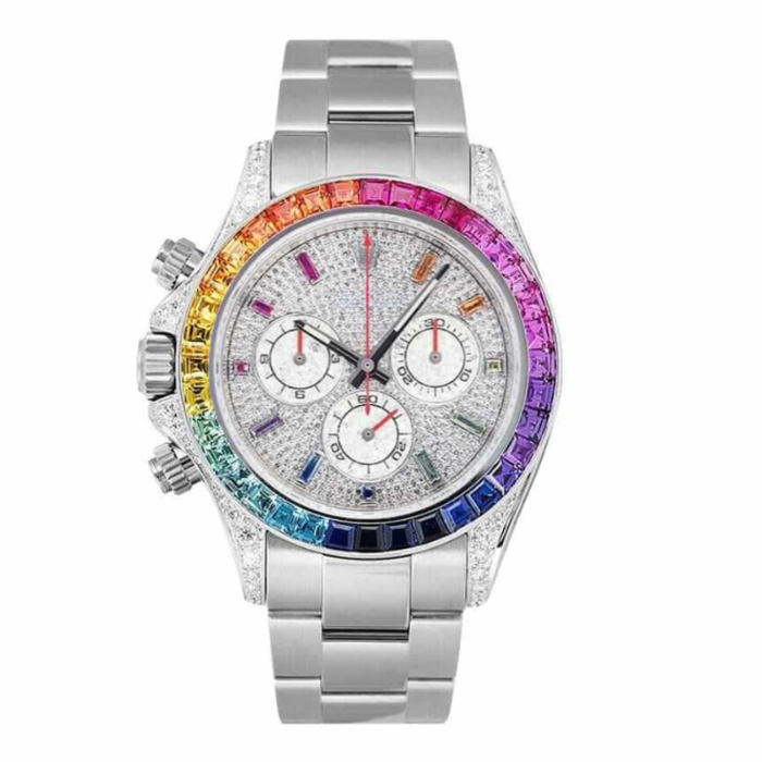 Chronograph 40 – White Diamond Dial | Silver Tone Bracelet & Rainbow Gem Bezel